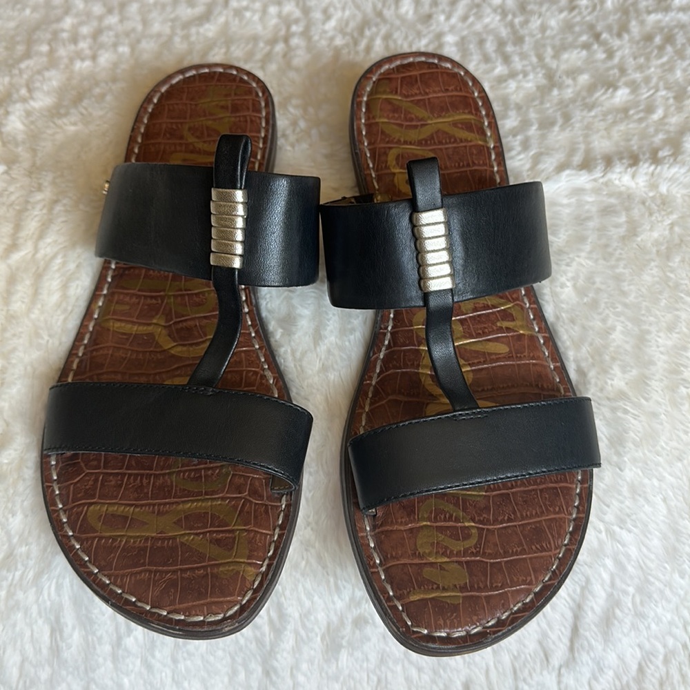 Sam Edelman Kane Flat Tan Leather Sandals - Black and Silver, 7.5